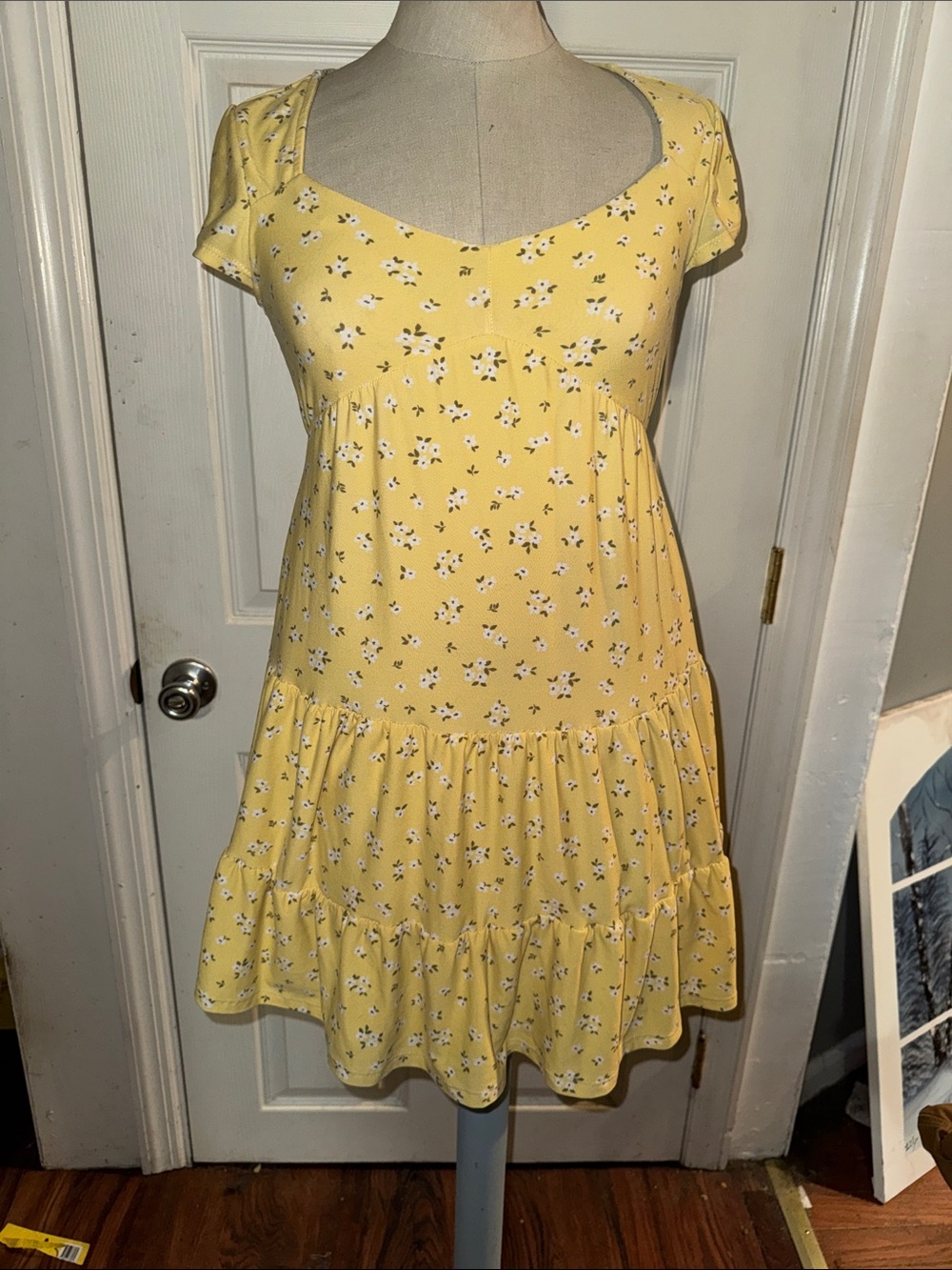 Derek Heart Yellow Floral Square-Neck Tiered Mini Dress